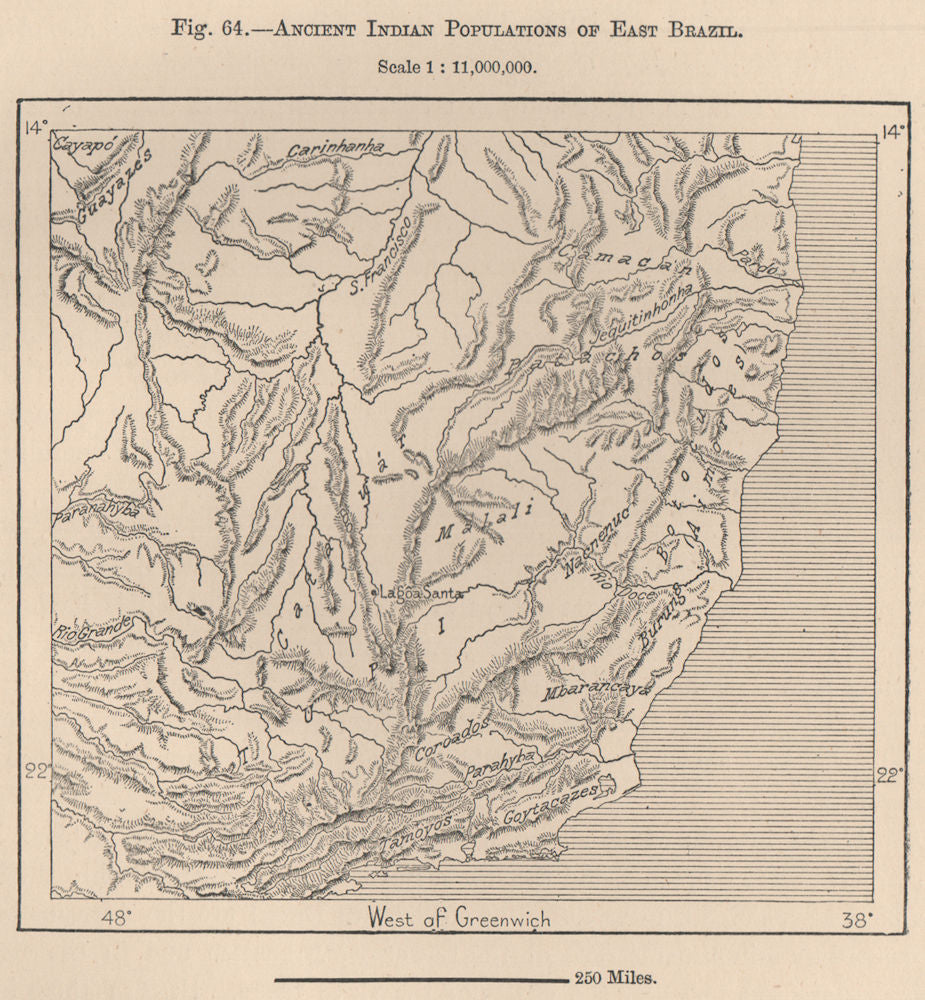 Ancient Indian populations/tribes of East Brazil 1885 old antique map chart